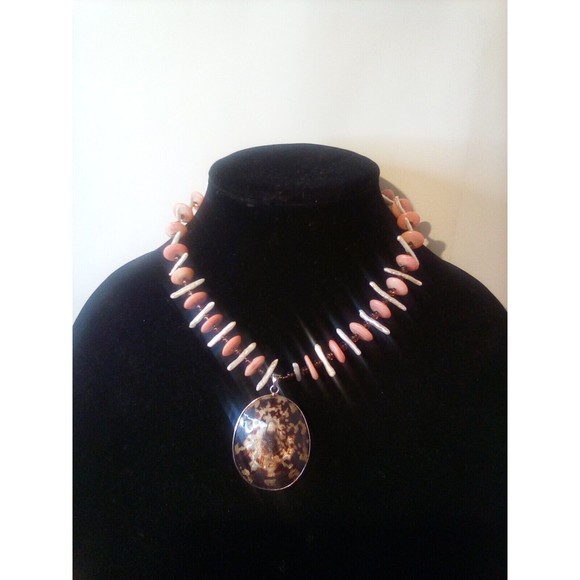 vtg tribal rice pearl & coral bead & sliver 925 & brown glass bead necklace
